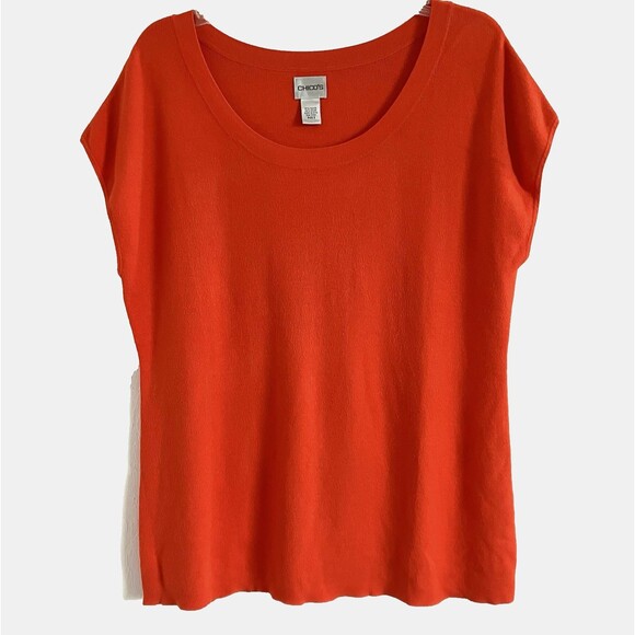 CHICO’S sz XL sz 3 Colorful  Solid Orange Cap Short Sleeve Knit Tunic Top Blend - Picture 1 of 4